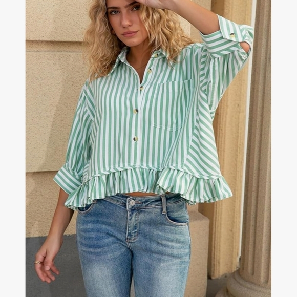 Striped Ruffle-Hem Button-Up Top - Green XL - Picture 3 of 9